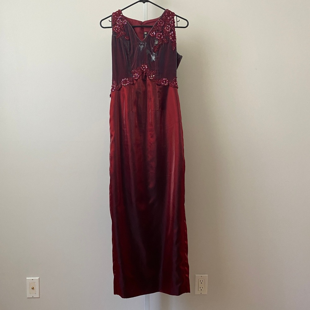 Henny Thionna Silk Moody Goth Ethereal Sequin Applique Maxi Dress Red Prom Gown